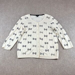 Talbots Cream Lightweight Cardigan 3/4 Sleeve Embellished Bow Design Size M